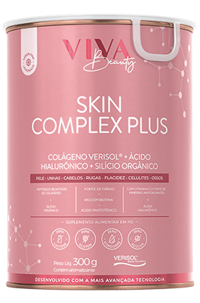 Tratamento anti-idade Skin Complex Plus, muito mais que um simples colágeno! Resultados visíveis já no primeiro mês de uso Pote de Skin Complex Plus sabor Pink Lemonade com rótulo na cor rosa